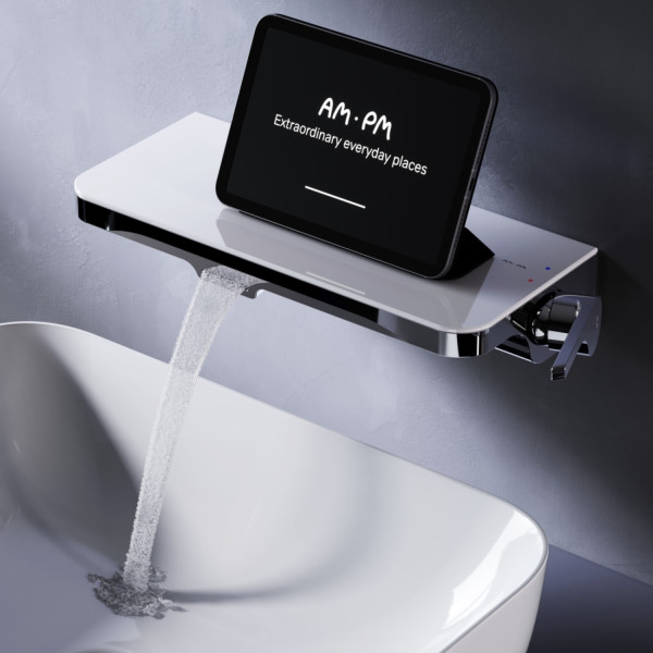 Смеситель монтируемый в стену с полкой и каскадным изливом. Фото 2