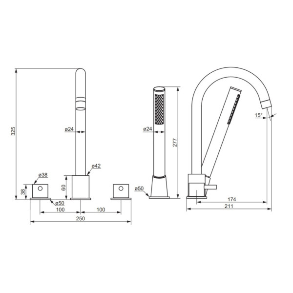 Смеситель на борт ванны, четырехсекционный. Фото 4