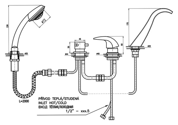 Смеситель на борт ванны Rav Slezak Dunaj D461.5PZ. Фото 2