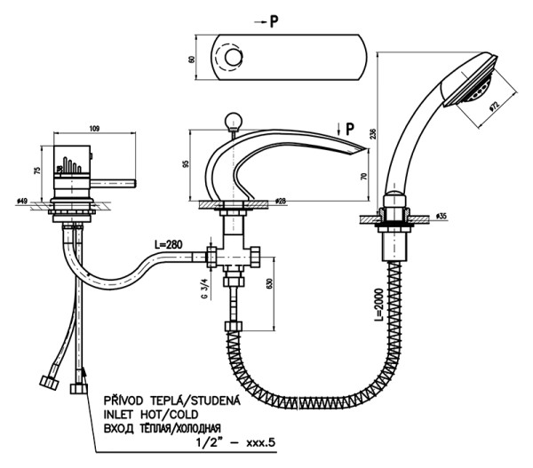 Смеситель на борт ванны Rav Slezak Dunaj Termostat DT272.5S. Фото 2