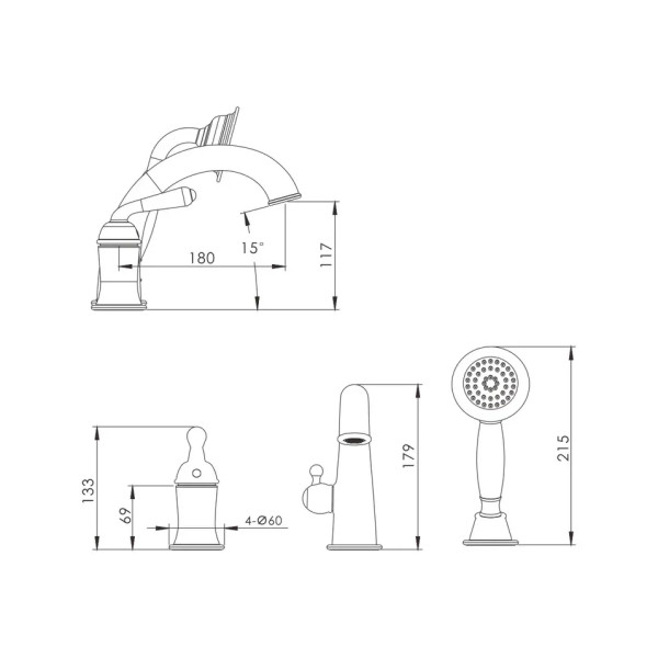 Смеситель на борт ванны Rose R0212Q, бронза. Фото 2