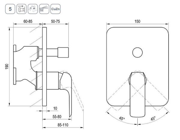 Смеситель настенный с переключателем FL 065.20 для R-box черный. Фото 2