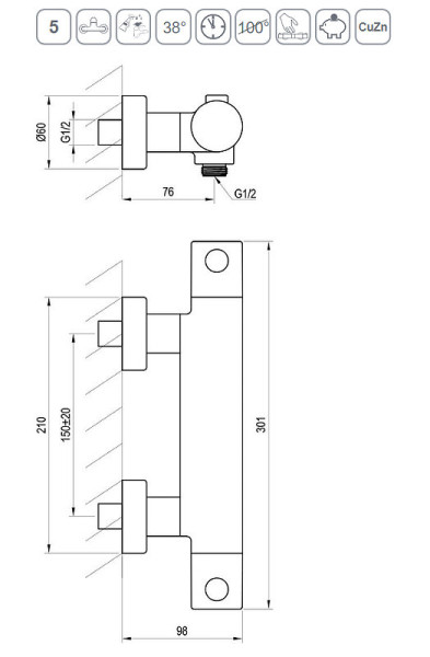 Смеситель настенный термостатический для душа без гарнитуры PU 033.20/150 черный. Фото 2
