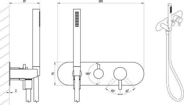 Смеситель скрытого монтажа ES 065.00CR.O2+S ХРОМ (2 вывода) + нужен RB07D.50 (X070233). Фото 3
