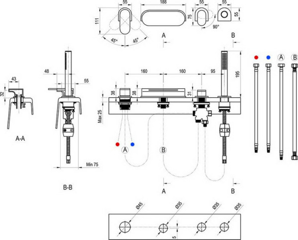 Смеситель врезной каскадный для ванн CR 025.20BL ЧЕРНЫЙ. Фото 3