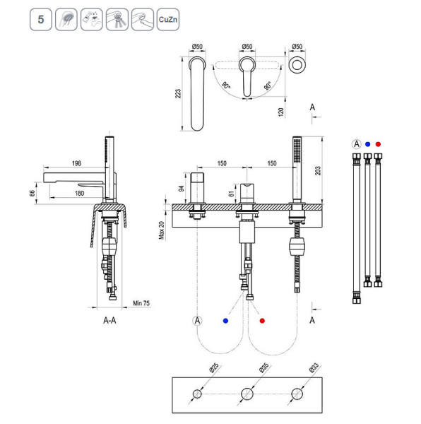 Смеситель врезной каскадный для ванн PU 026.20 черный. Фото 2