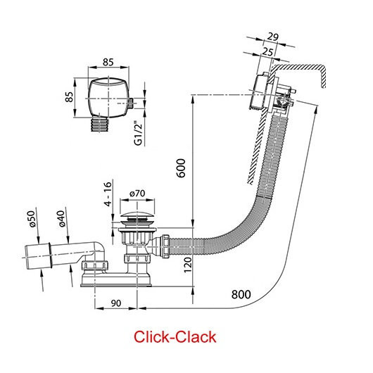 Сточный комплект с заполнением переливом Click Clack хром (квадратный) 800мм. Фото 4