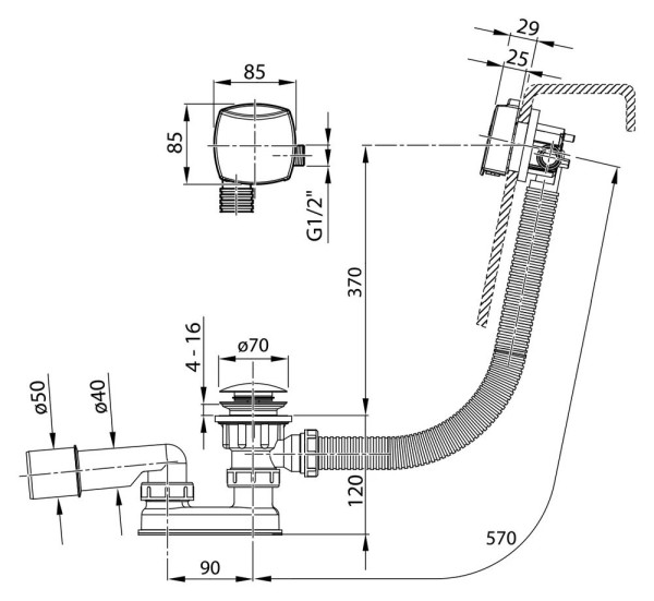 Сточный комплект с заполнением переливом Click Clack хром. Фото 2
