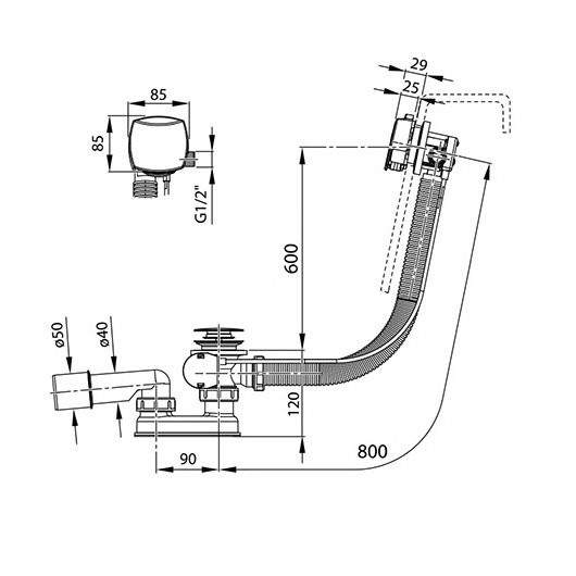 Сточный комплект с заполнением переливом хром (квадратный) 800мм. Фото 3