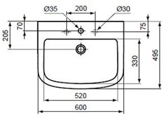 T056401 Tempo Умывальник 60 см, центральное отверстие под смеситель готово. Фото 2