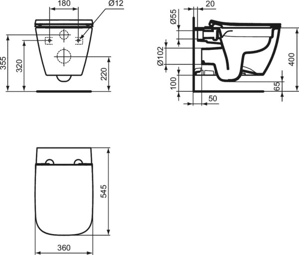 T533001 Ideal Standard i.life B Подвесной безободковый унитаз с технологией RimLS+, глубокий смыв, + крепеж WW966066 + сиденье T500301. Фото 6