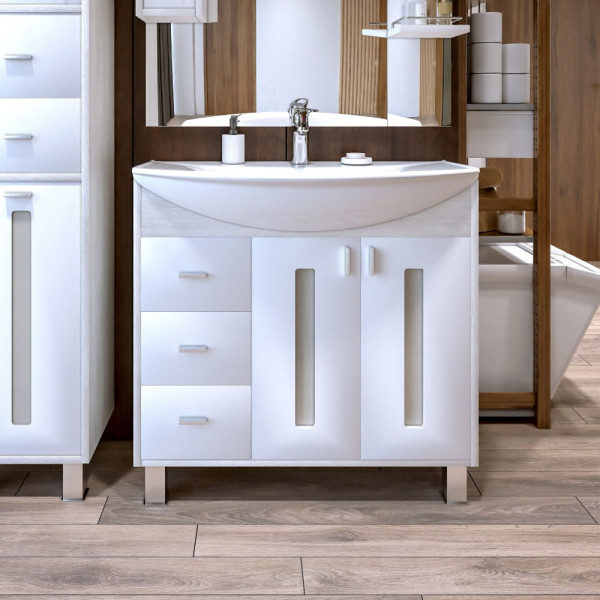 Тумба под раковину напольная Бриклаер БАЛИ светлая лиственница/белый, 85 см. Фото 1