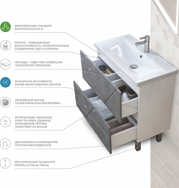 Тумба под раковину напольная VIGO Geometry tn.bsf.GEO.FOS.60.2Y бетон, 60 см. Фото 3