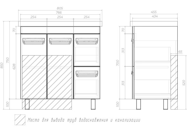Тумба под раковину напольная VIGO Plaza tn.PLA.MIR.80.2D.2Y, 80 см. Фото 2