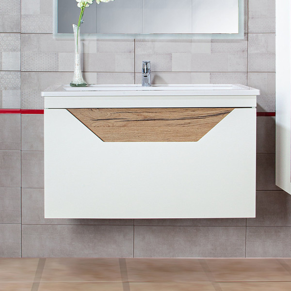 Тумба под раковину подвесная Бриклаер Брайтон белый/дуб, 100 см. Фото 1