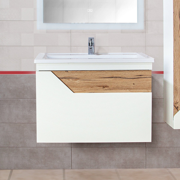 Тумба под раковину подвесная Бриклаер Брайтон белый/дуб, 80 см. Фото 1