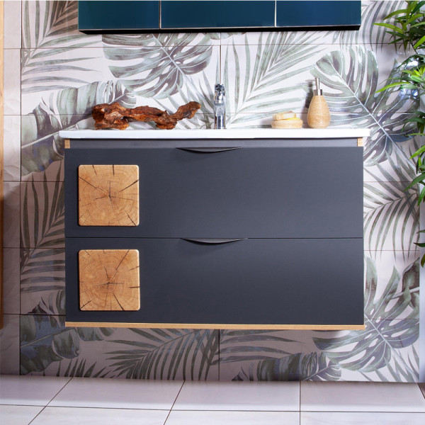 Тумба под раковину подвесная Бриклаер Форест дуб золотой/антрацит, 100 см. Фото 1