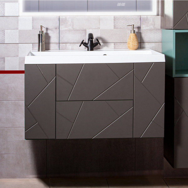 Тумба под раковину подвесная Бриклаер КРИСТАЛЛ ясень анкор темный/графит, 90 см. Фото 1