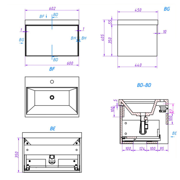 Тумба под раковину подвесная La Fenice SIMPLA FNC-01-SIM-BG-60, синяя. Фото 2