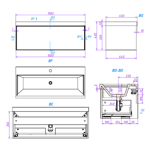 Тумба под раковину подвесная La Fenice SIMPLA FNC-01-SIM-G-100, серо-зелёная. Фото 2