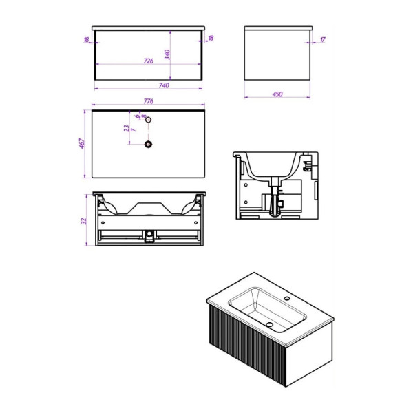 Тумба под раковину подвесная La Fenice Terra FNC-01-TER-BG-80, синяя. Фото 2