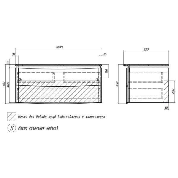 Тумба под раковину подвесная Velvex Luna tp.LUN.100.2Y, 100 см. Фото 2