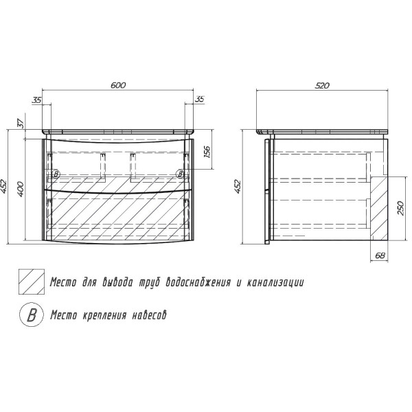 Тумба под раковину подвесная Velvex Luna tp.LUN.60.2Y, 60 см. Фото 2