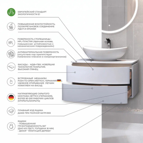 Тумба под раковину подвесная Velvex Luna tp.LUN.80.2Y, 80 см. Фото 3