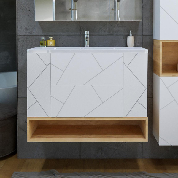 Тумба с раковиной и нишей Бриклаер КРИСТАЛЛ 100B, белый/дуб бунратти. Фото 1