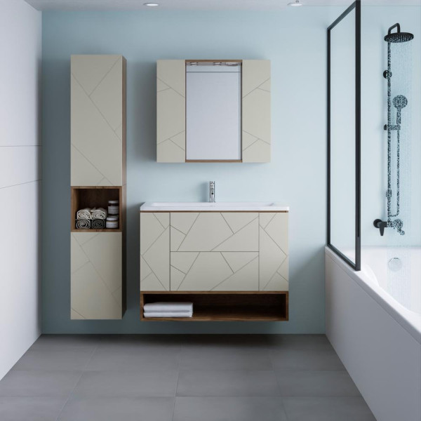 Тумба с раковиной и нишей Бриклаер КРИСТАЛЛ 100L, латте/дуб крафт табачный. Фото 4