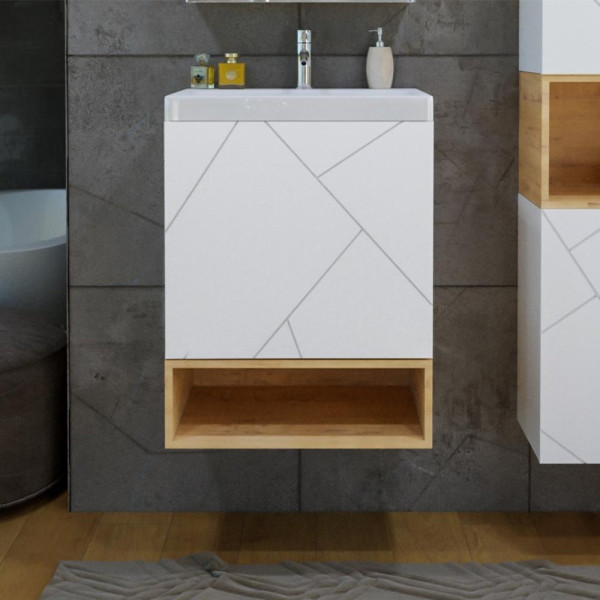 Тумба с раковиной и нишей Бриклаер КРИСТАЛЛ 50B, белый/дуб бунратти. Фото 1