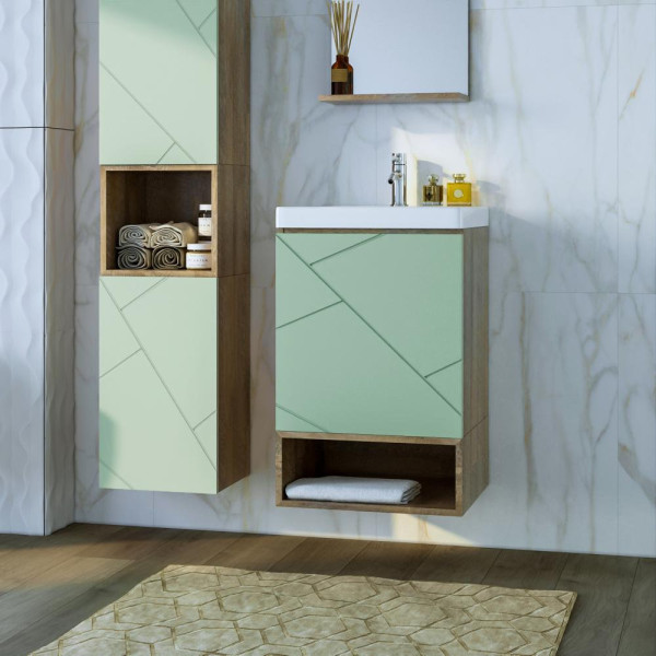 Тумба с раковиной и нишей Бриклаер КРИСТАЛЛ 50F, фисташковый/дуб гранж песочный. Фото 1