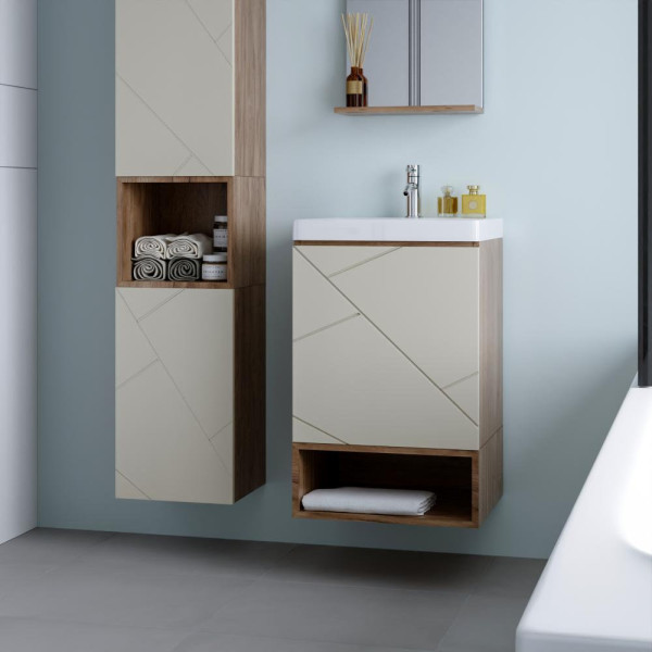 Тумба с раковиной и нишей Бриклаер КРИСТАЛЛ 50L, латте/дуб крафт табачный. Фото 1