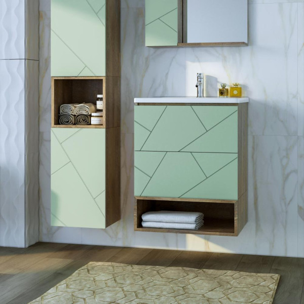 Тумба с раковиной и нишей Бриклаер КРИСТАЛЛ 60F, фисташковый/дуб гранж песочный. Фото 1