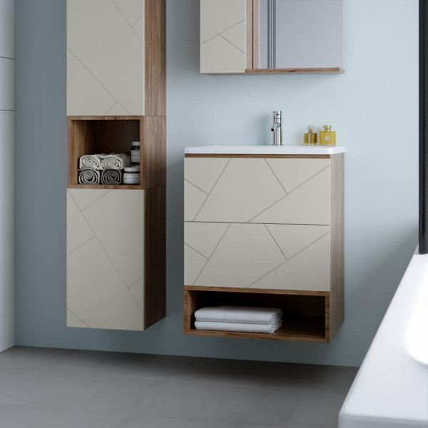 Тумба с раковиной и нишей Бриклаер КРИСТАЛЛ 60L, латте/дуб крафт табачный. Фото 1