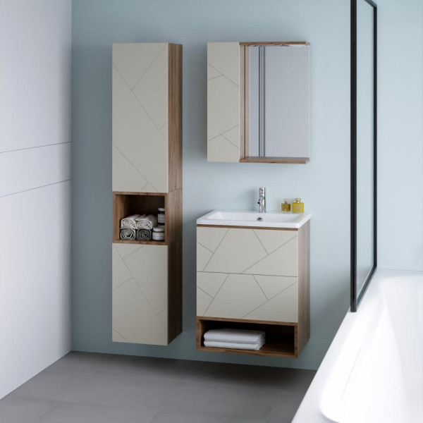 Тумба с раковиной и нишей Бриклаер КРИСТАЛЛ 60L, латте/дуб крафт табачный. Фото 4