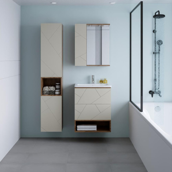 Тумба с раковиной и нишей Бриклаер КРИСТАЛЛ 60L, латте/дуб крафт табачный. Фото 5