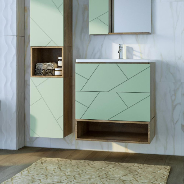 Тумба с раковиной и нишей Бриклаер КРИСТАЛЛ 70F, фисташковый/дуб гранж песочный. Фото 1