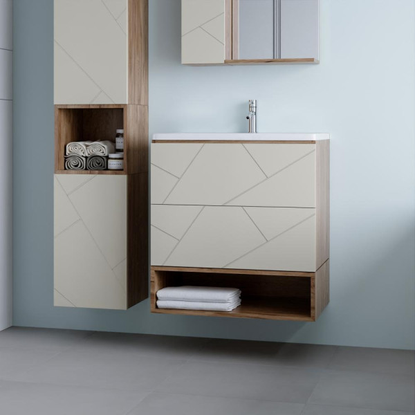 Тумба с раковиной и нишей Бриклаер КРИСТАЛЛ 70L, латте/дуб крафт табачный. Фото 1