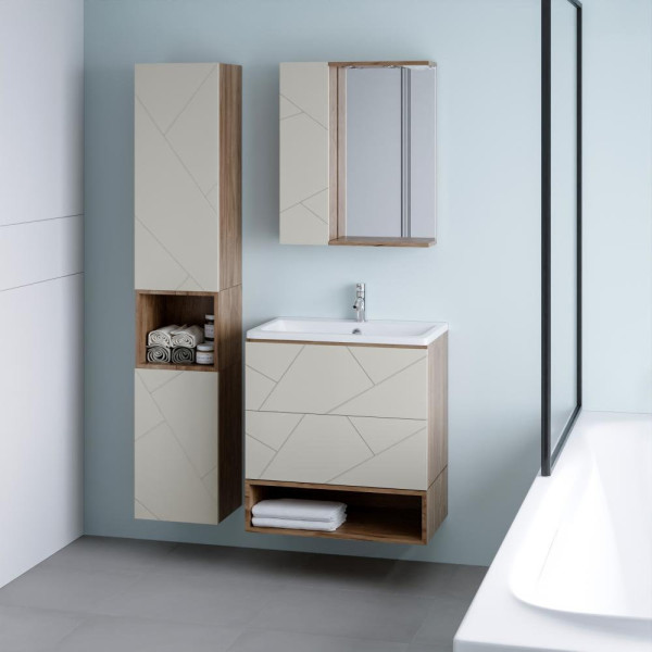 Тумба с раковиной и нишей Бриклаер КРИСТАЛЛ 70L, латте/дуб крафт табачный. Фото 4