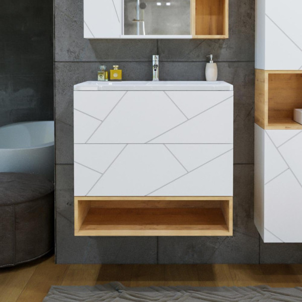 Тумба с раковиной и нишей Бриклаер КРИСТАЛЛ 80B, белый/дуб бунратти. Фото 1