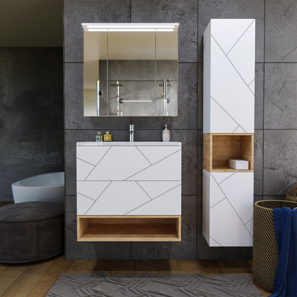 Тумба с раковиной и нишей Бриклаер КРИСТАЛЛ 80B, белый/дуб бунратти. Фото 5