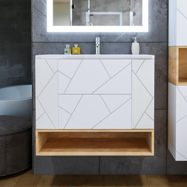 Тумба с раковиной и нишей Бриклаер КРИСТАЛЛ 90B, белый/дуб бунратти. Фото 1