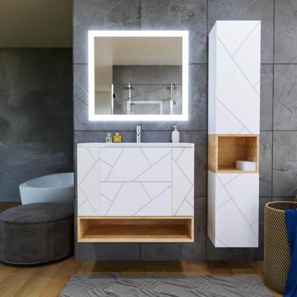 Тумба с раковиной и нишей Бриклаер КРИСТАЛЛ 90B, белый/дуб бунратти. Фото 4