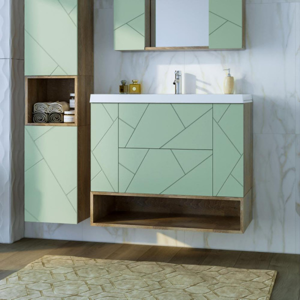 Тумба с раковиной и нишей Бриклаер КРИСТАЛЛ 90F, фисташковый/дуб гранж песочный. Фото 1