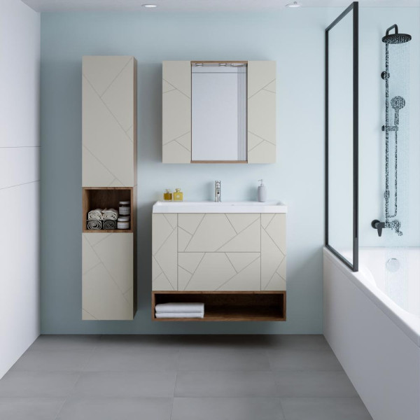 Тумба с раковиной и нишей Бриклаер КРИСТАЛЛ 90L, латте/дуб крафт табачный. Фото 4