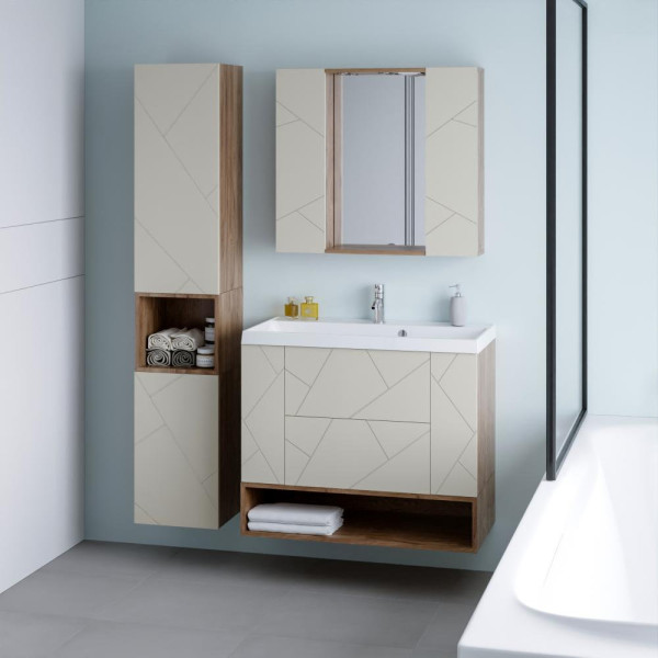 Тумба с раковиной и нишей Бриклаер КРИСТАЛЛ 90L, латте/дуб крафт табачный. Фото 5