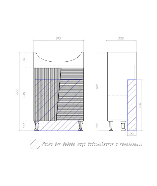 Тумба с раковиной напольная VIGO Selena tn.SEL.BAL.55.2D, 55 см. Фото 2