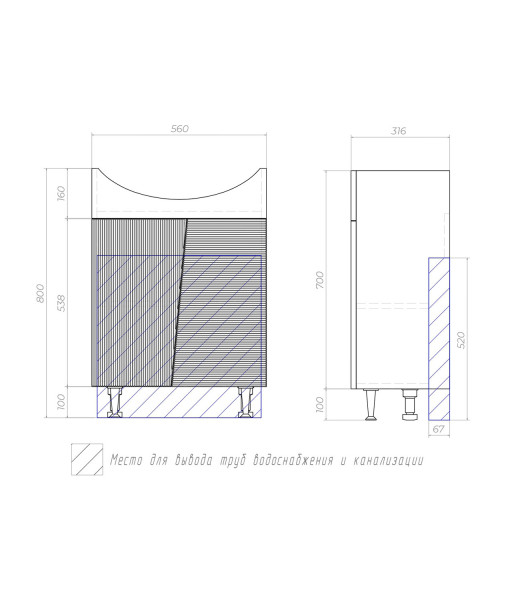 Тумба с раковиной напольная VIGO Selena tn.SEL.BAL.60.2D, 60 см. Фото 2