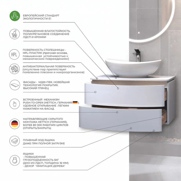 Тумба с раковиной подвесная Velvex Luna tp.LUN.60.2Y, 60 см. Фото 3